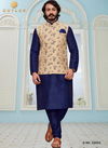 Blue Colour Latest Design Festive Wear Art Silk Digital Printed Kurta Pajama With Jacket Mens Collection 33001